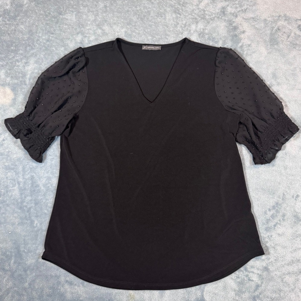 Adrianna Papell Swiss Dot Puff Sleeve V-Neck Top M Black Smocked Cuff